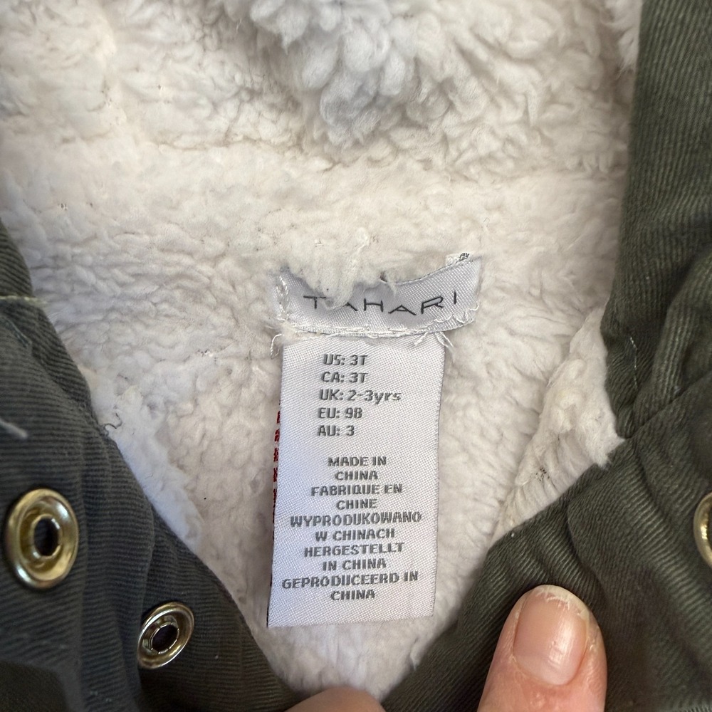 Tahari Fall Winter Jacket Toddler Girls 3T Olive Green Sherpa Lined Hooded Zip - Picture 3 of 10